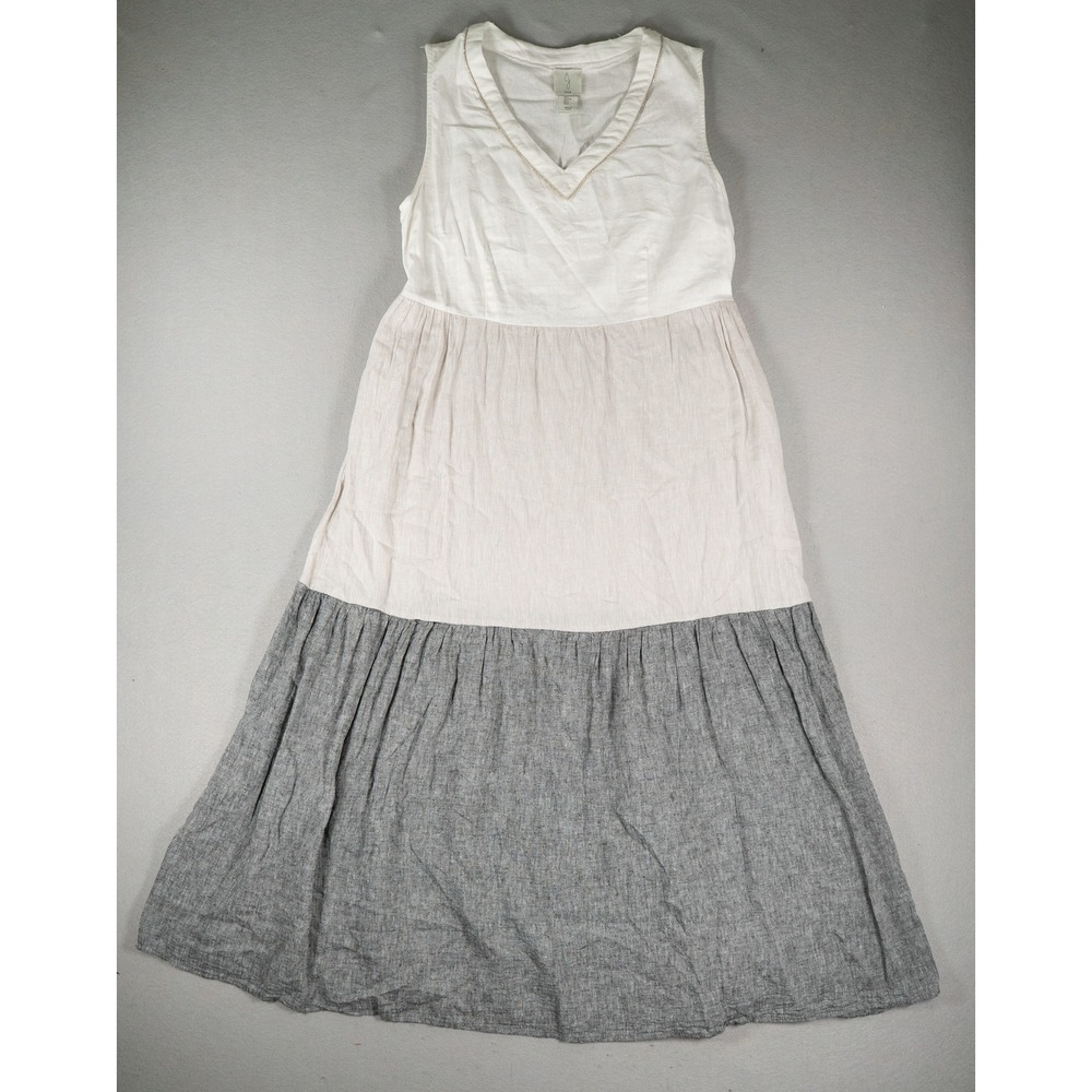 Joie Womens Maxi Dress L Tiered Colorblock Linen Blend V-Neck Sleeveless Neutral